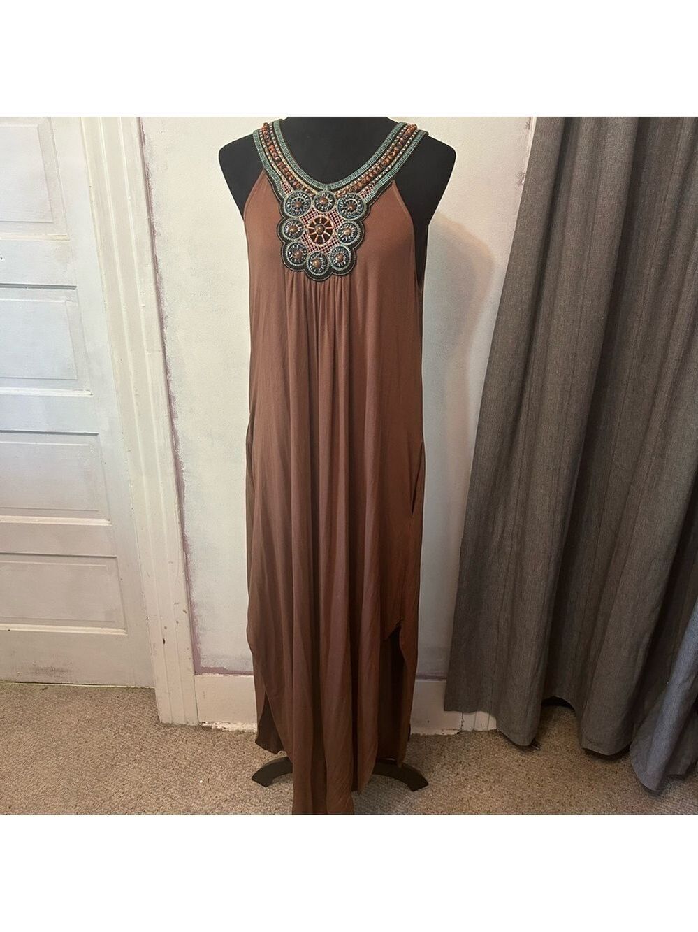 Venus Women Maxi Dress Large Beaded Embroidered Tribal Collar Brown Beachy